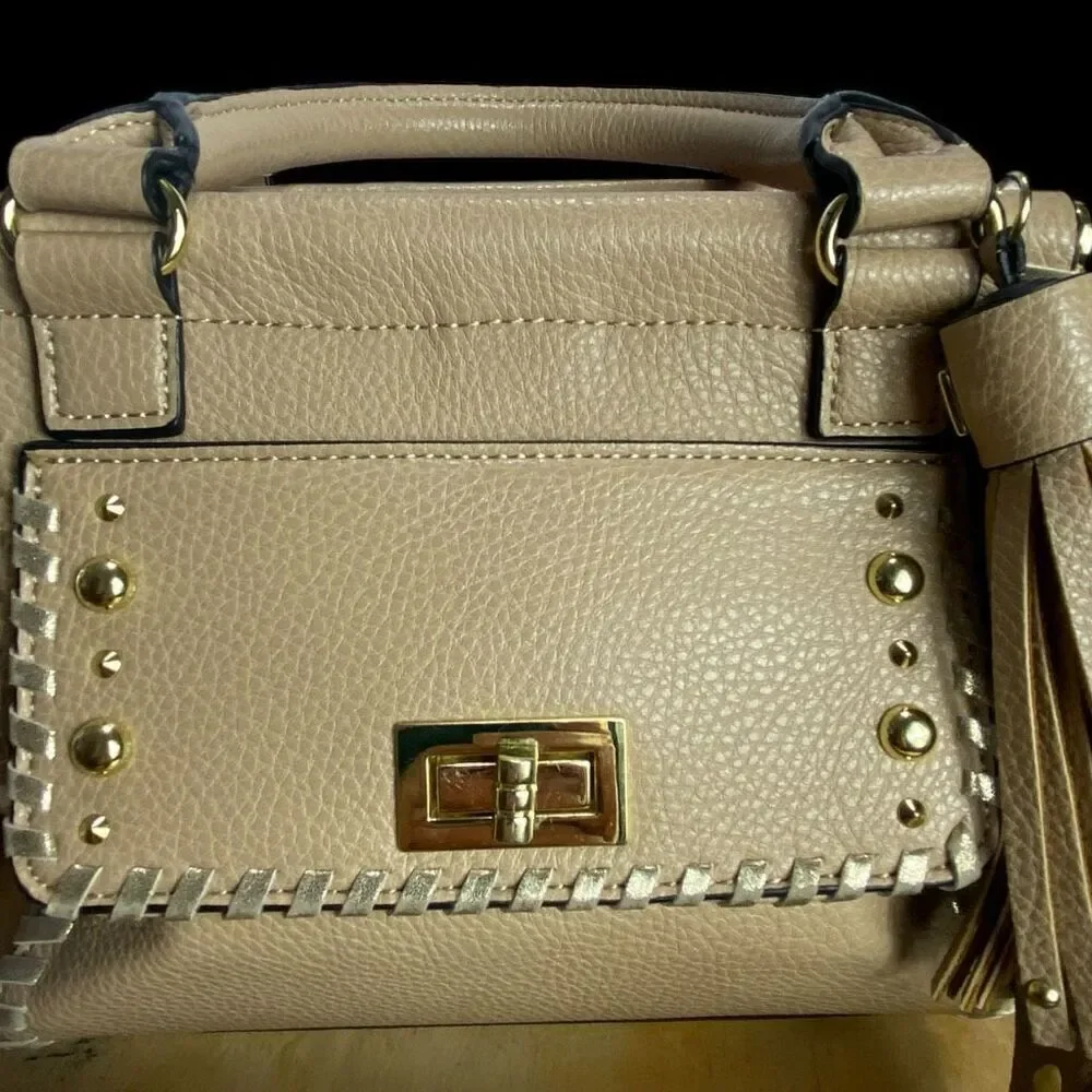 Steve Madden Blennon Cream Peebled Leather Studded Whipstitch Satchel Handbag